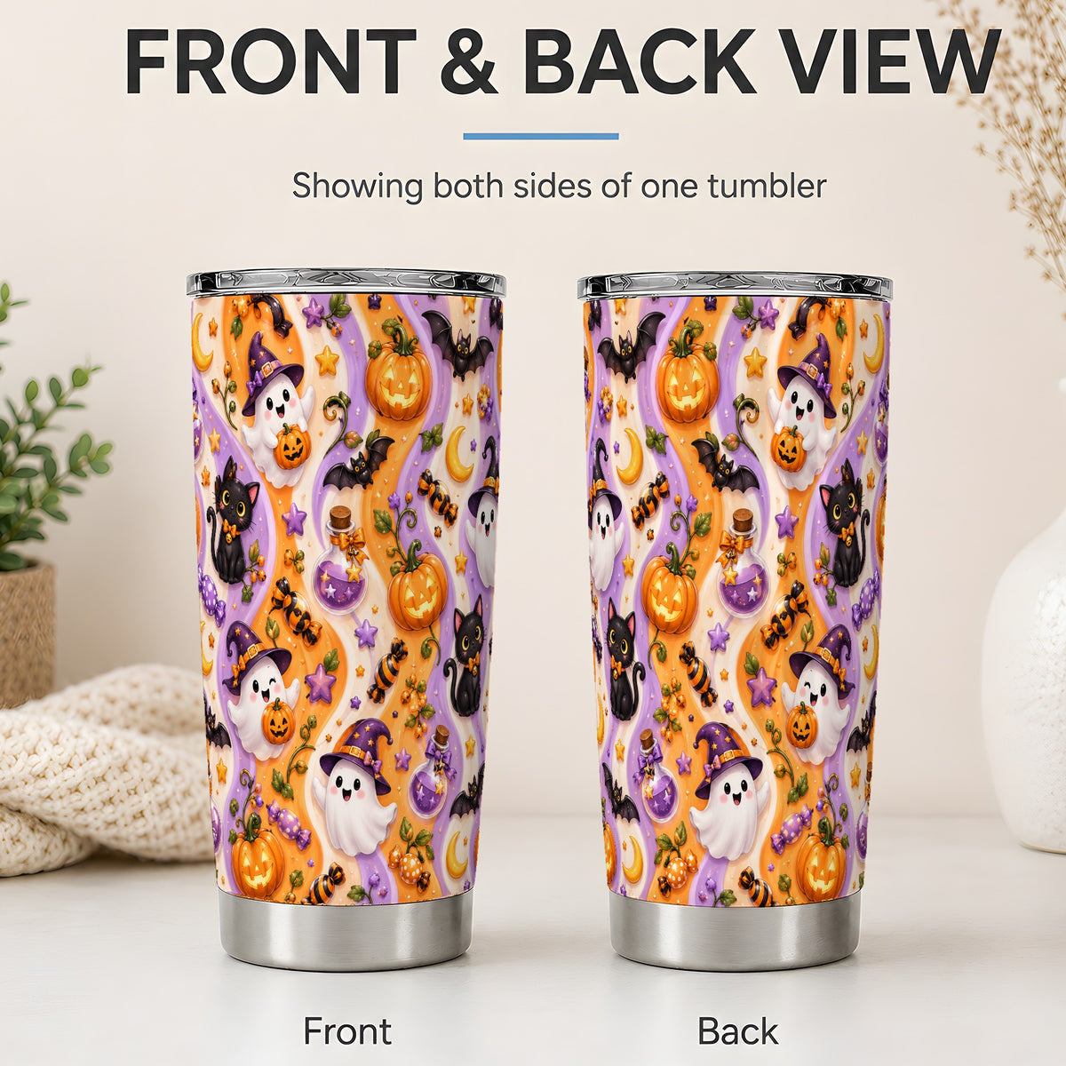 #pl[20oz|Steel] Purple Halloween Ghost Cat 20oz Tumbler, Stainless Steel Pattern Drinkware