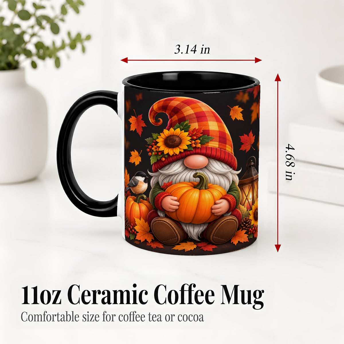 #pl[11oz|Black] Autumn Gnome Pumpkin Ceramic Mug with Sunflower and Lantern