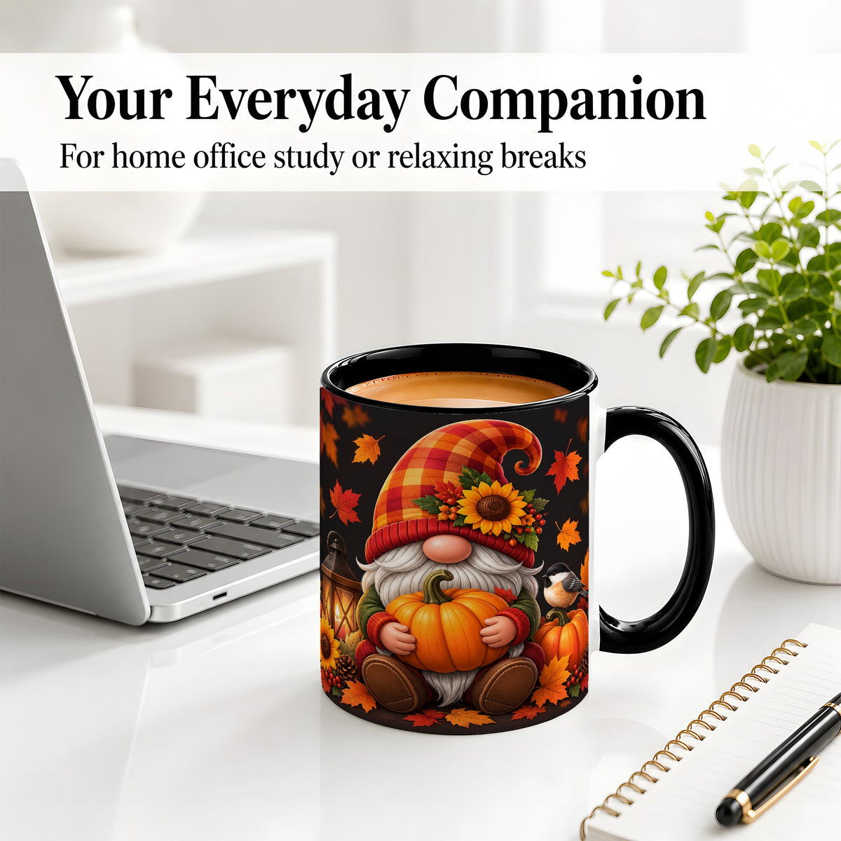 #pl[11oz|Black] Autumn Gnome Pumpkin Ceramic Mug with Sunflower and Lantern