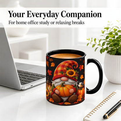 #pl[11oz|Black] Autumn Gnome Pumpkin Ceramic Mug with Sunflower and Lantern