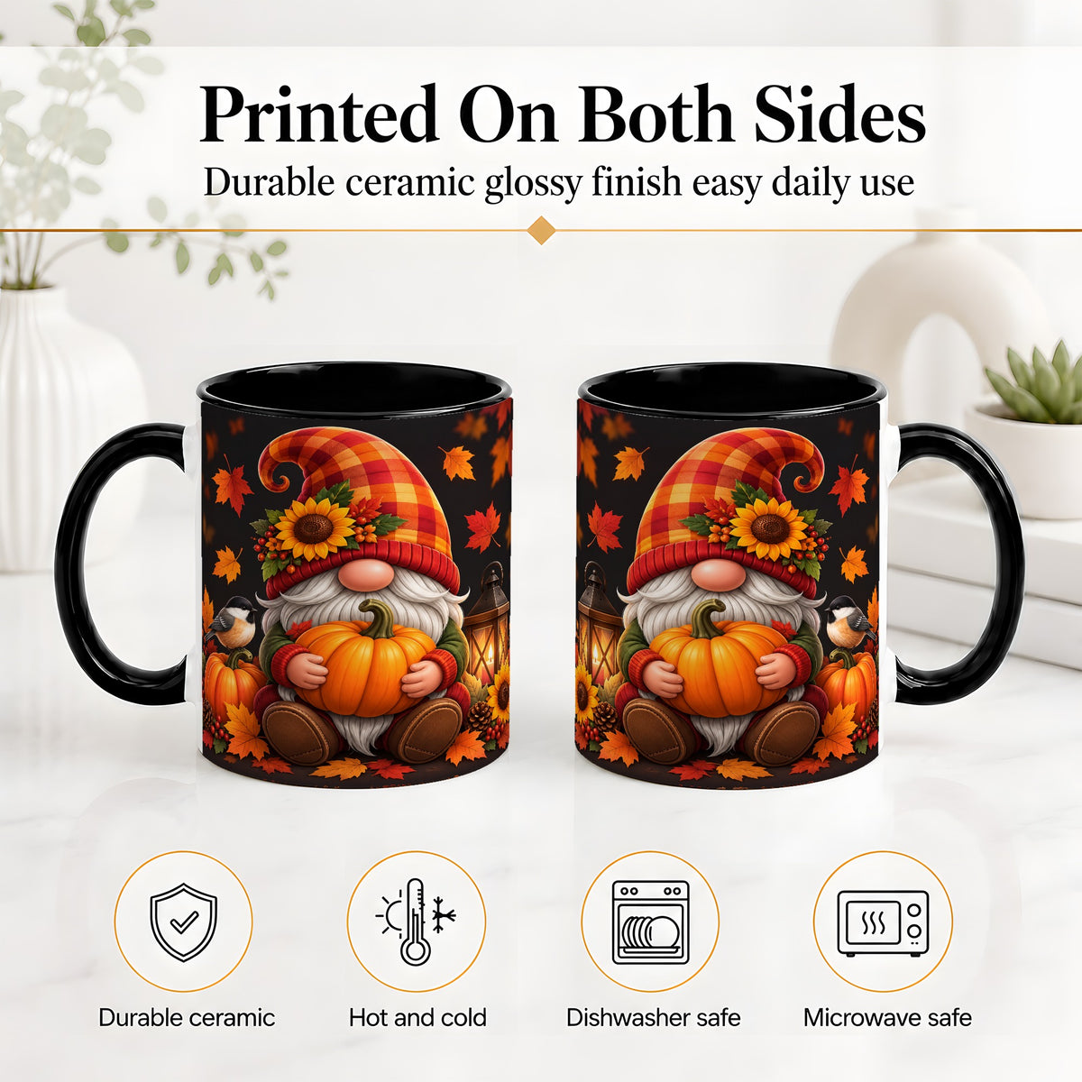 #pl[11oz|Black] Autumn Gnome Pumpkin Ceramic Mug with Sunflower and Lantern