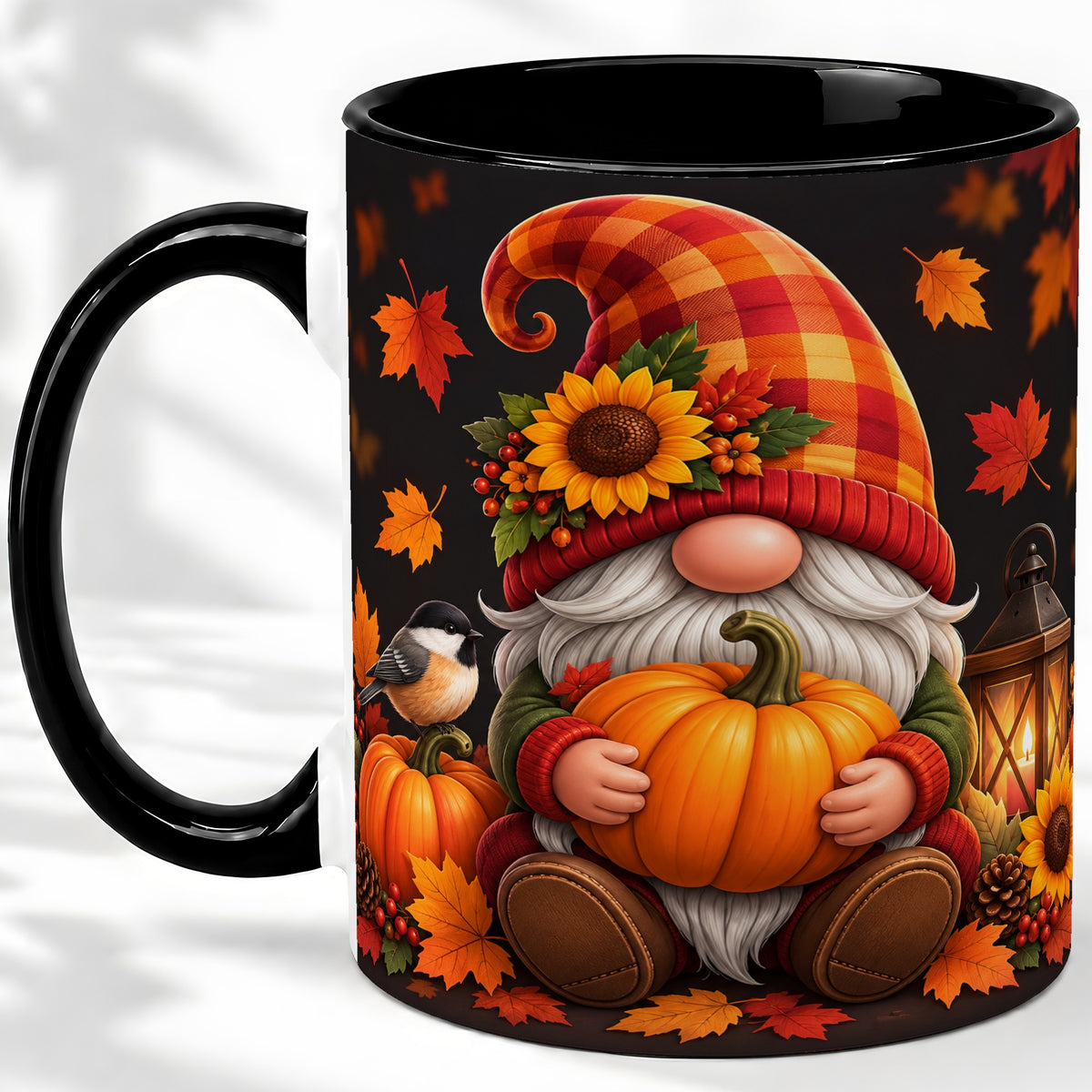 #pl[11oz|Black] Autumn Gnome Pumpkin Ceramic Mug with Sunflower and Lantern