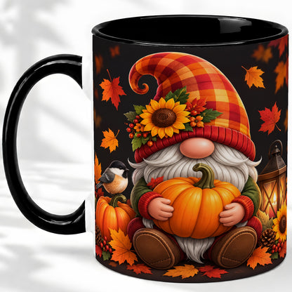 #pl[11oz|Black] Autumn Gnome Pumpkin Ceramic Mug with Sunflower and Lantern