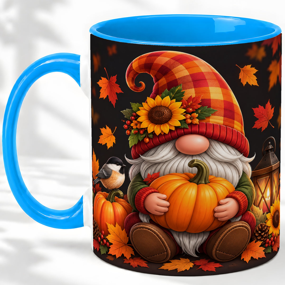 #pl[11oz|Blue] Autumn Gnome Pumpkin Ceramic Mug with Sunflower and Lantern
