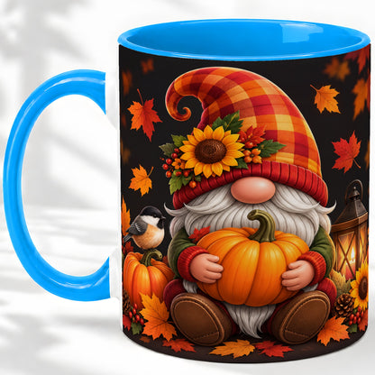 #pl[11oz|Blue] Autumn Gnome Pumpkin Ceramic Mug with Sunflower and Lantern
