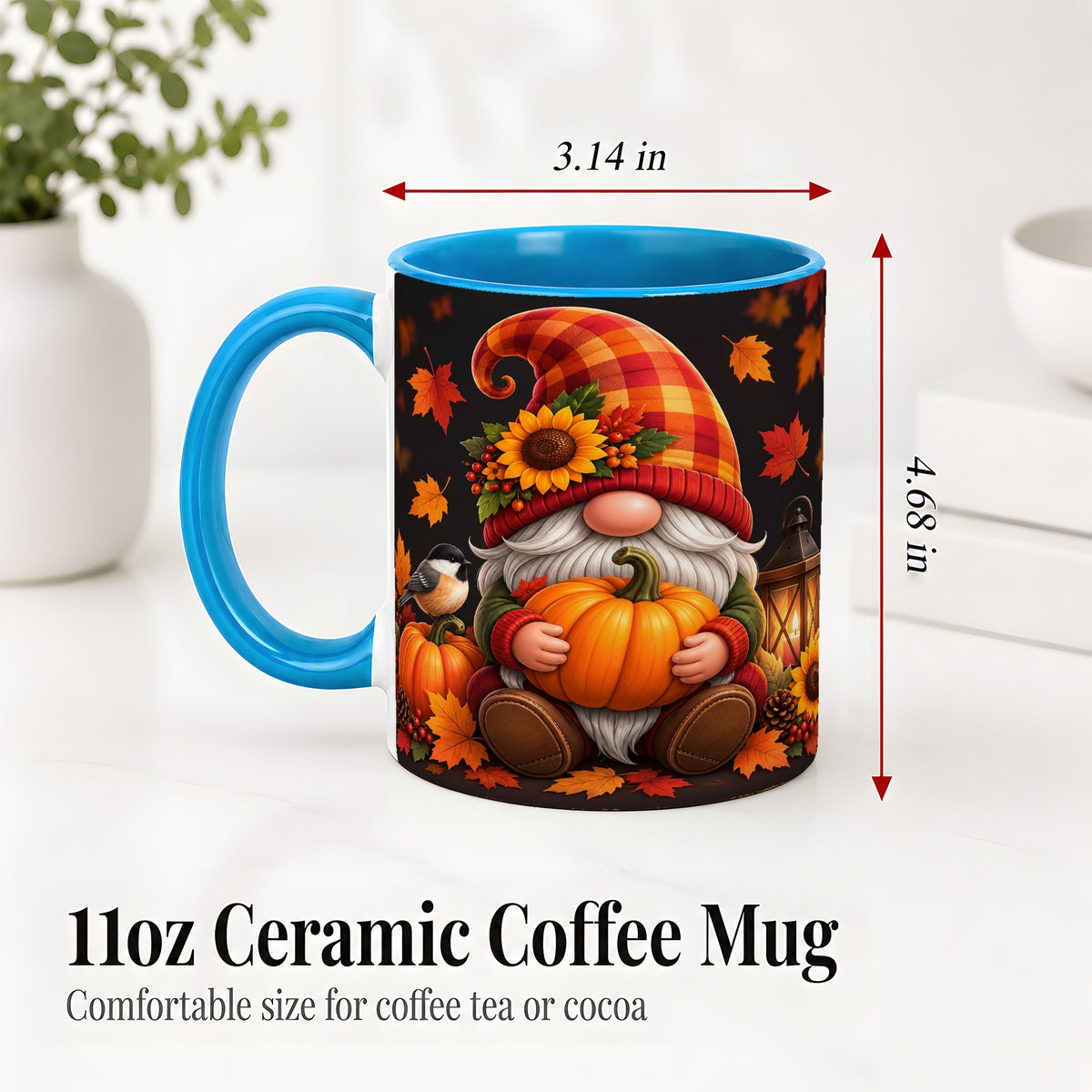#pl[11oz|Blue] Autumn Gnome Pumpkin Ceramic Mug with Sunflower and Lantern