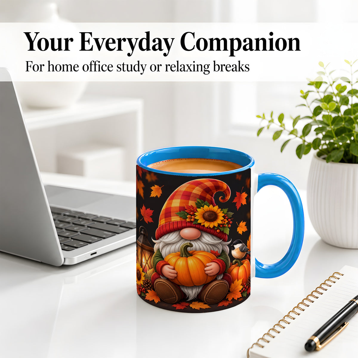 #pl[11oz|Blue] Autumn Gnome Pumpkin Ceramic Mug with Sunflower and Lantern