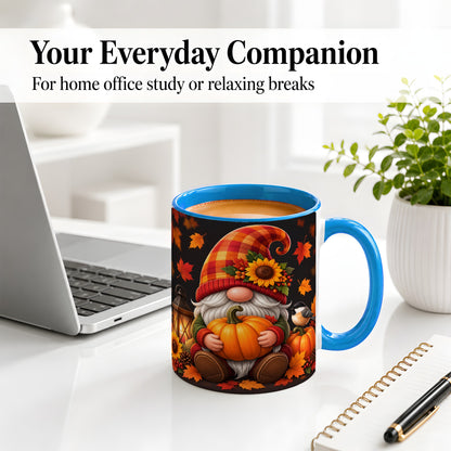 #pl[11oz|Blue] Autumn Gnome Pumpkin Ceramic Mug with Sunflower and Lantern