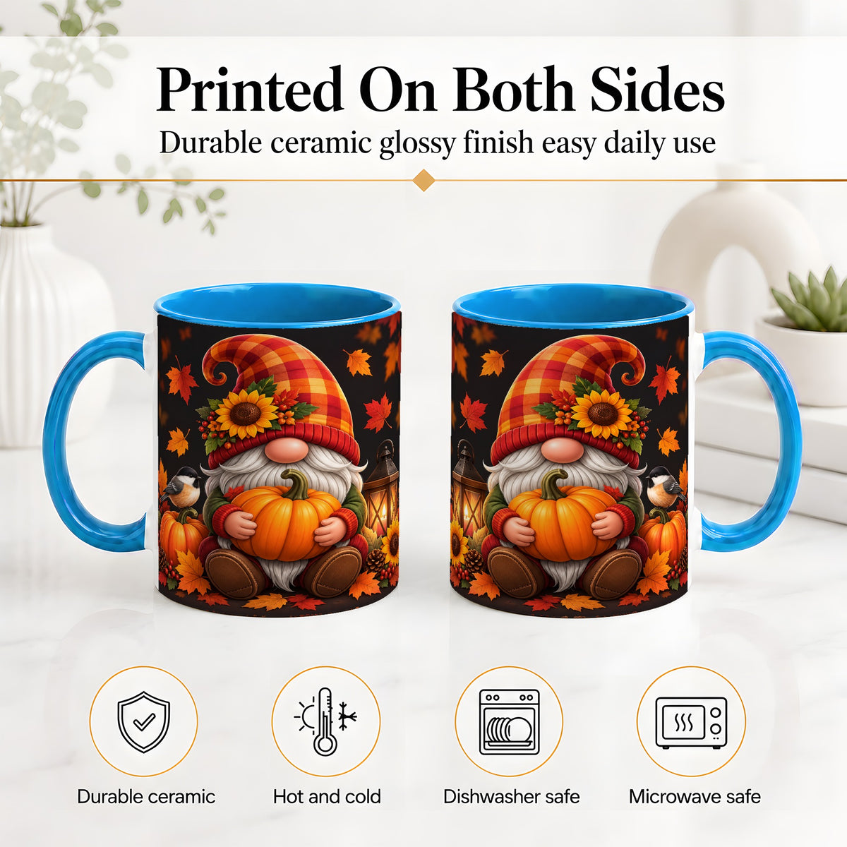 #pl[11oz|Blue] Autumn Gnome Pumpkin Ceramic Mug with Sunflower and Lantern