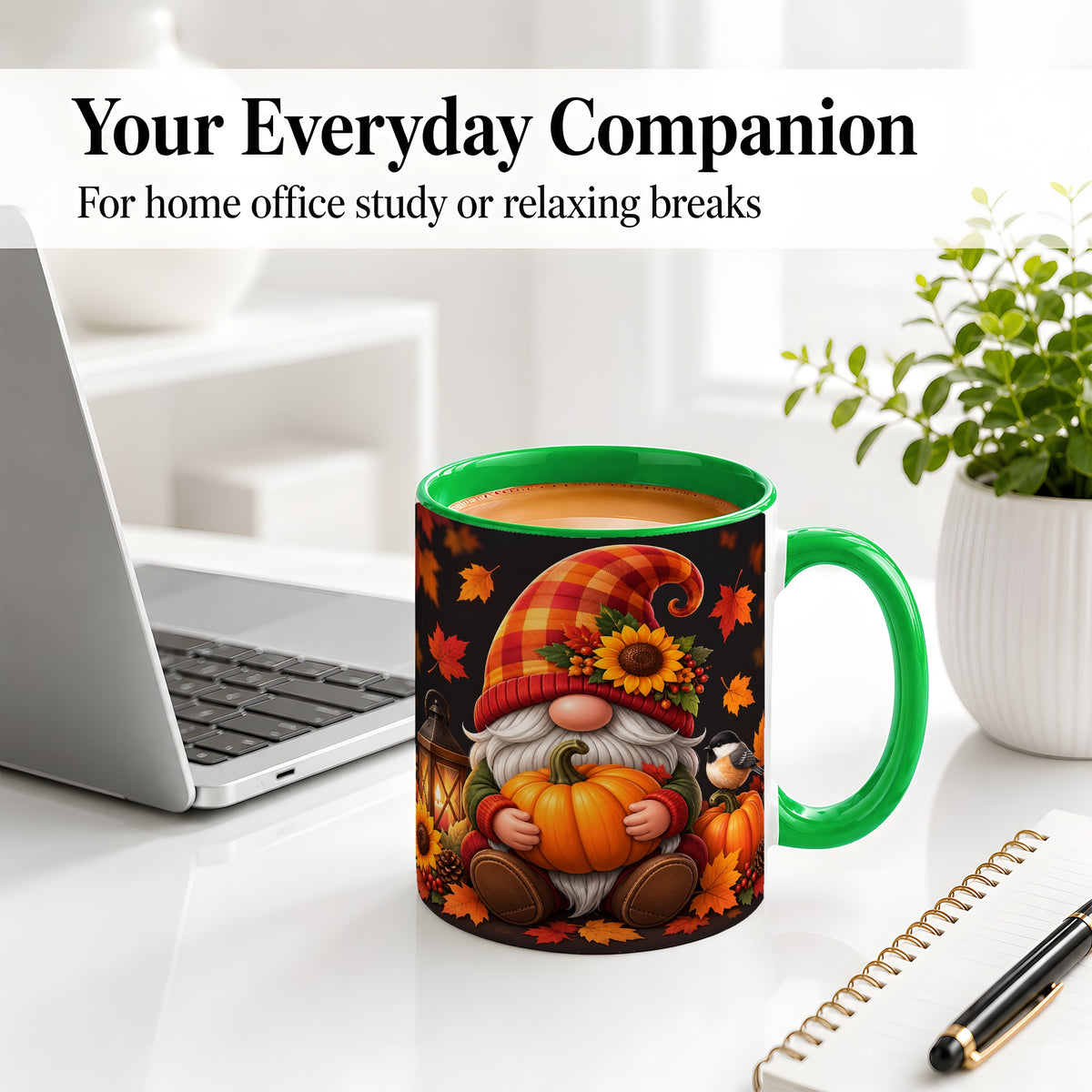 #pl[11oz|Green] Autumn Gnome Pumpkin Ceramic Mug with Sunflower and Lantern