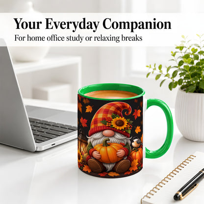 #pl[11oz|Green] Autumn Gnome Pumpkin Ceramic Mug with Sunflower and Lantern