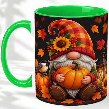 #pl[11oz|Green] Autumn Gnome Pumpkin Ceramic Mug with Sunflower and Lantern