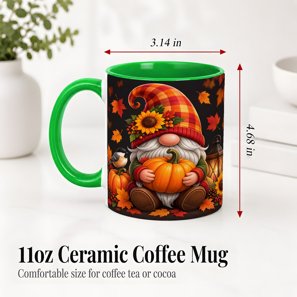 #pl[11oz|Green] Autumn Gnome Pumpkin Ceramic Mug with Sunflower and Lantern