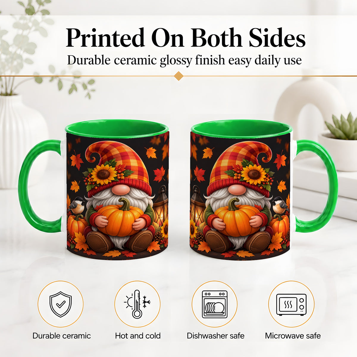 #pl[11oz|Green] Autumn Gnome Pumpkin Ceramic Mug with Sunflower and Lantern