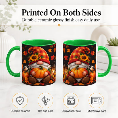 #pl[11oz|Green] Autumn Gnome Pumpkin Ceramic Mug with Sunflower and Lantern