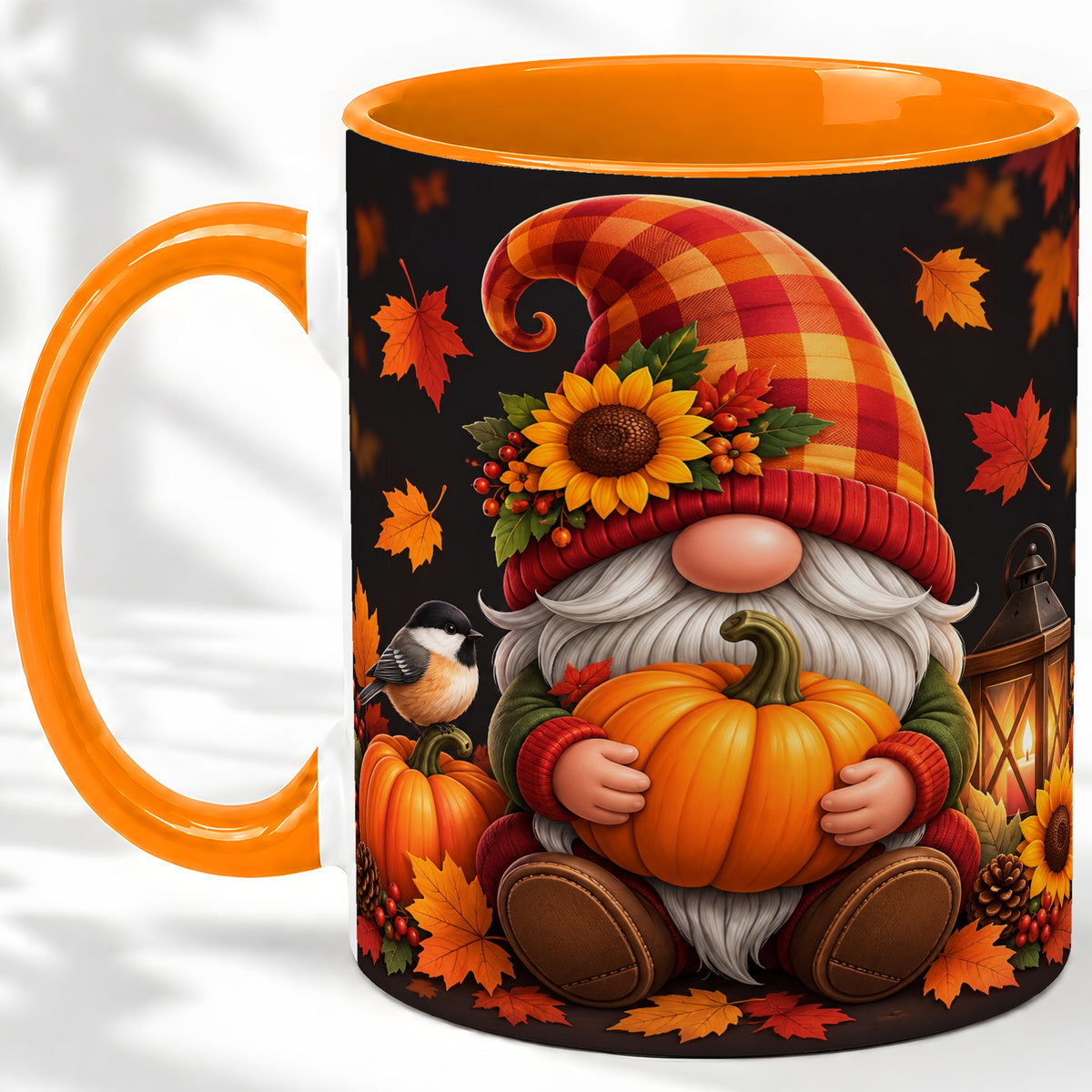 #pl[11oz|Orange] Autumn Gnome Pumpkin Ceramic Mug with Sunflower and Lantern