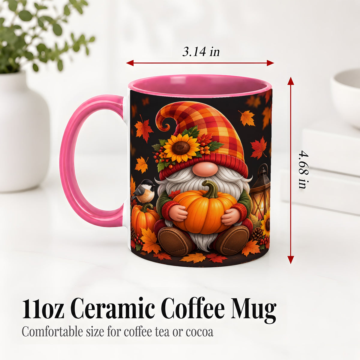 #pl[11oz|Pink] Autumn Gnome Pumpkin Ceramic Mug with Sunflower and Lantern