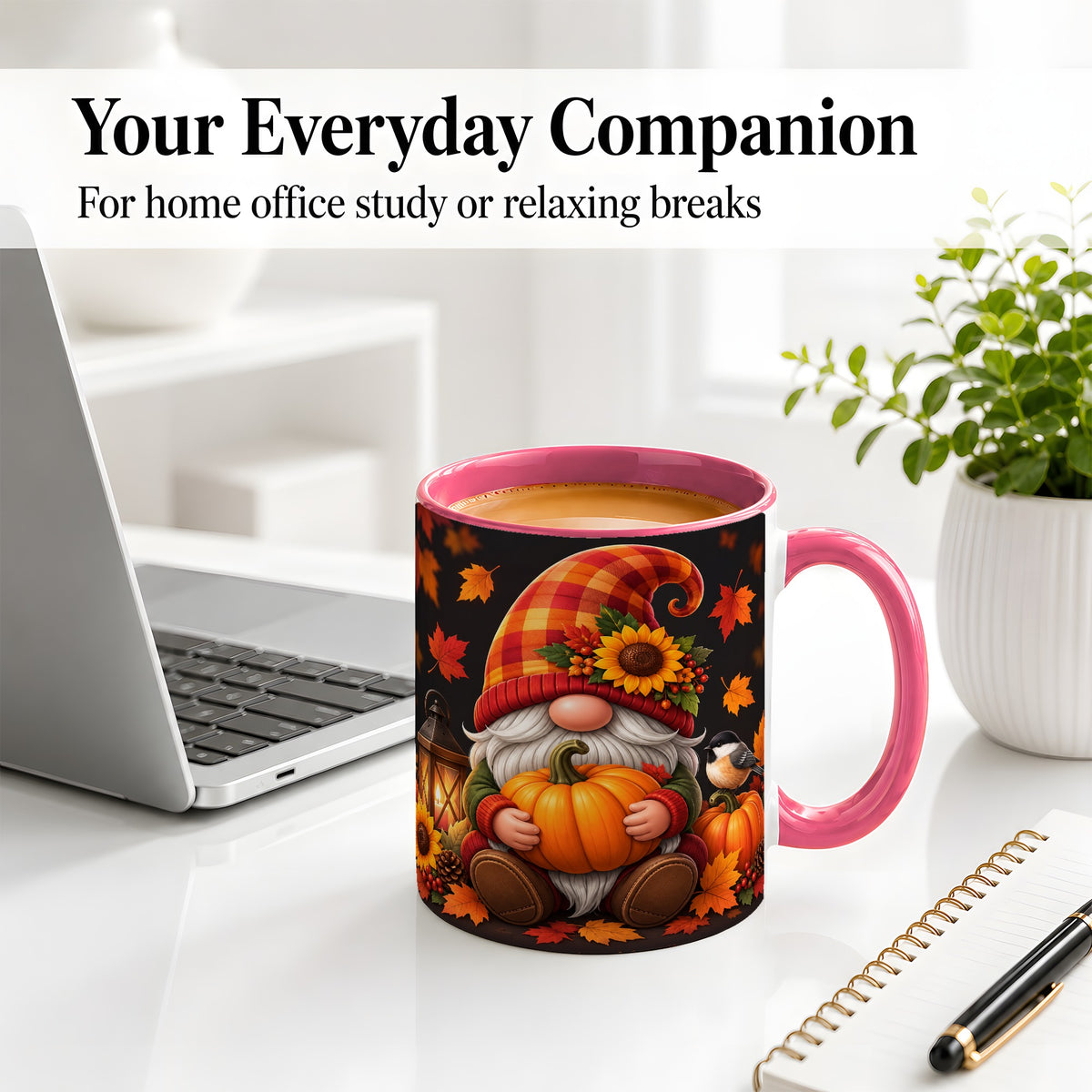 #pl[11oz|Pink] Autumn Gnome Pumpkin Ceramic Mug with Sunflower and Lantern