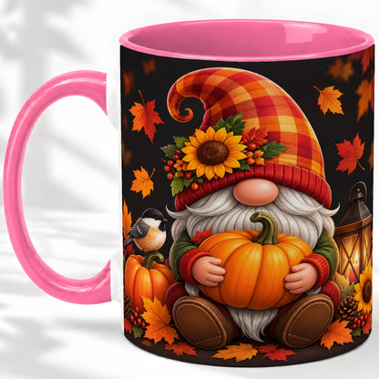 #pl[11oz|Pink] Autumn Gnome Pumpkin Ceramic Mug with Sunflower and Lantern
