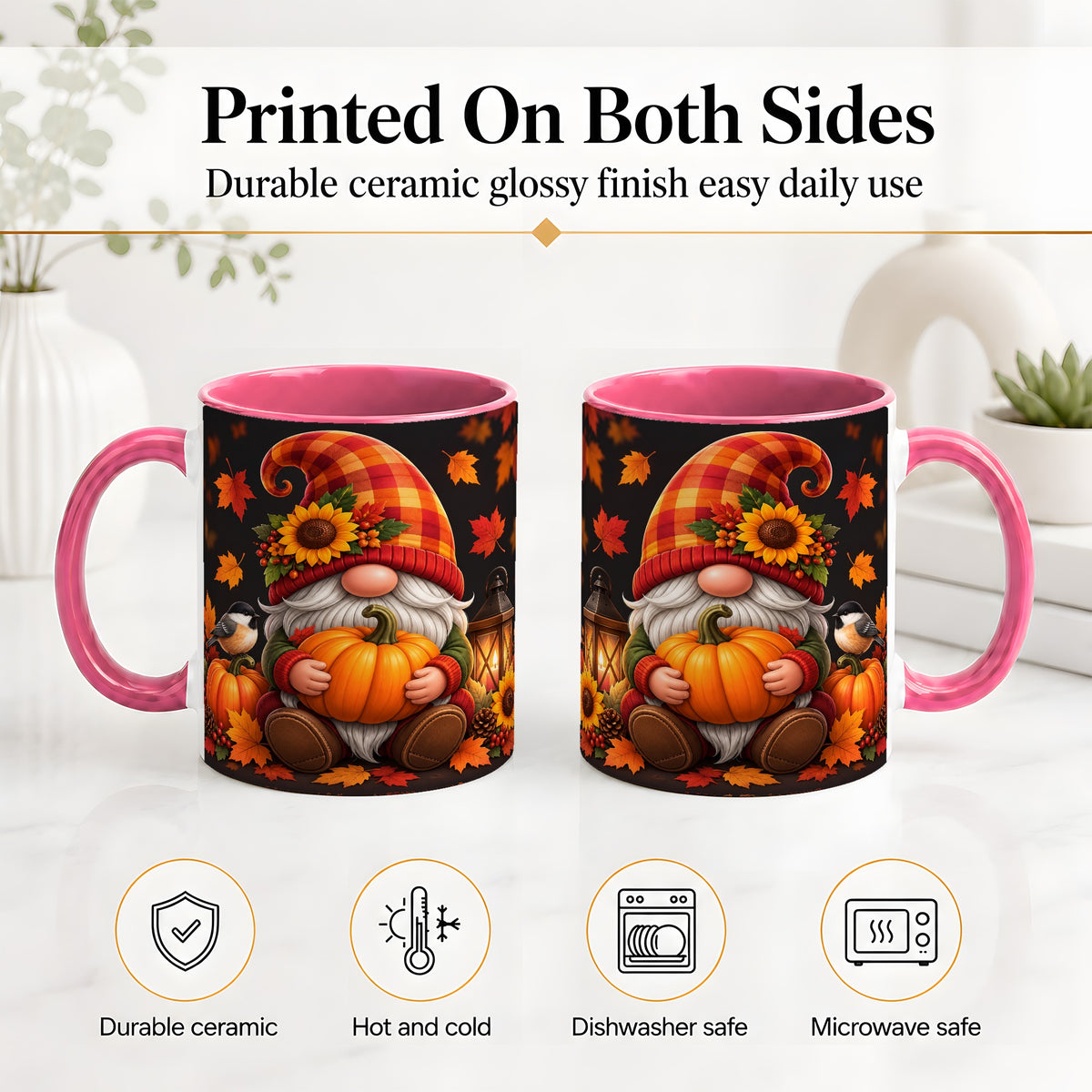 #pl[11oz|Pink] Autumn Gnome Pumpkin Ceramic Mug with Sunflower and Lantern