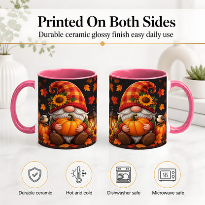 #pl[11oz|Pink] Autumn Gnome Pumpkin Ceramic Mug with Sunflower and Lantern