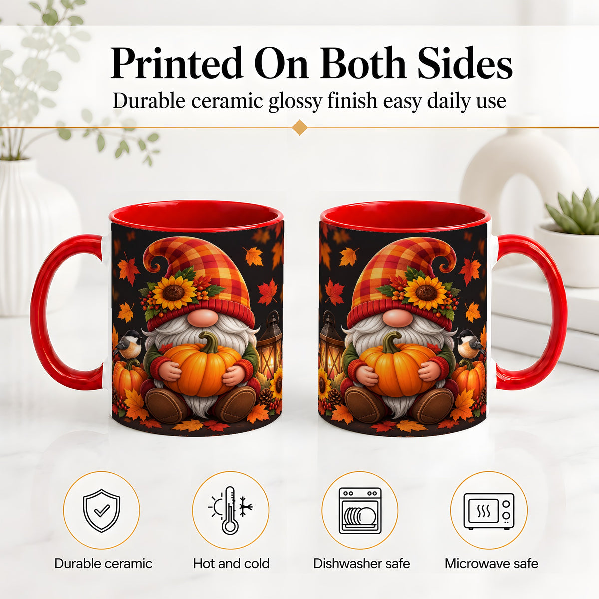 #pl[11oz|Red] Autumn Gnome Pumpkin Ceramic Mug with Sunflower and Lantern