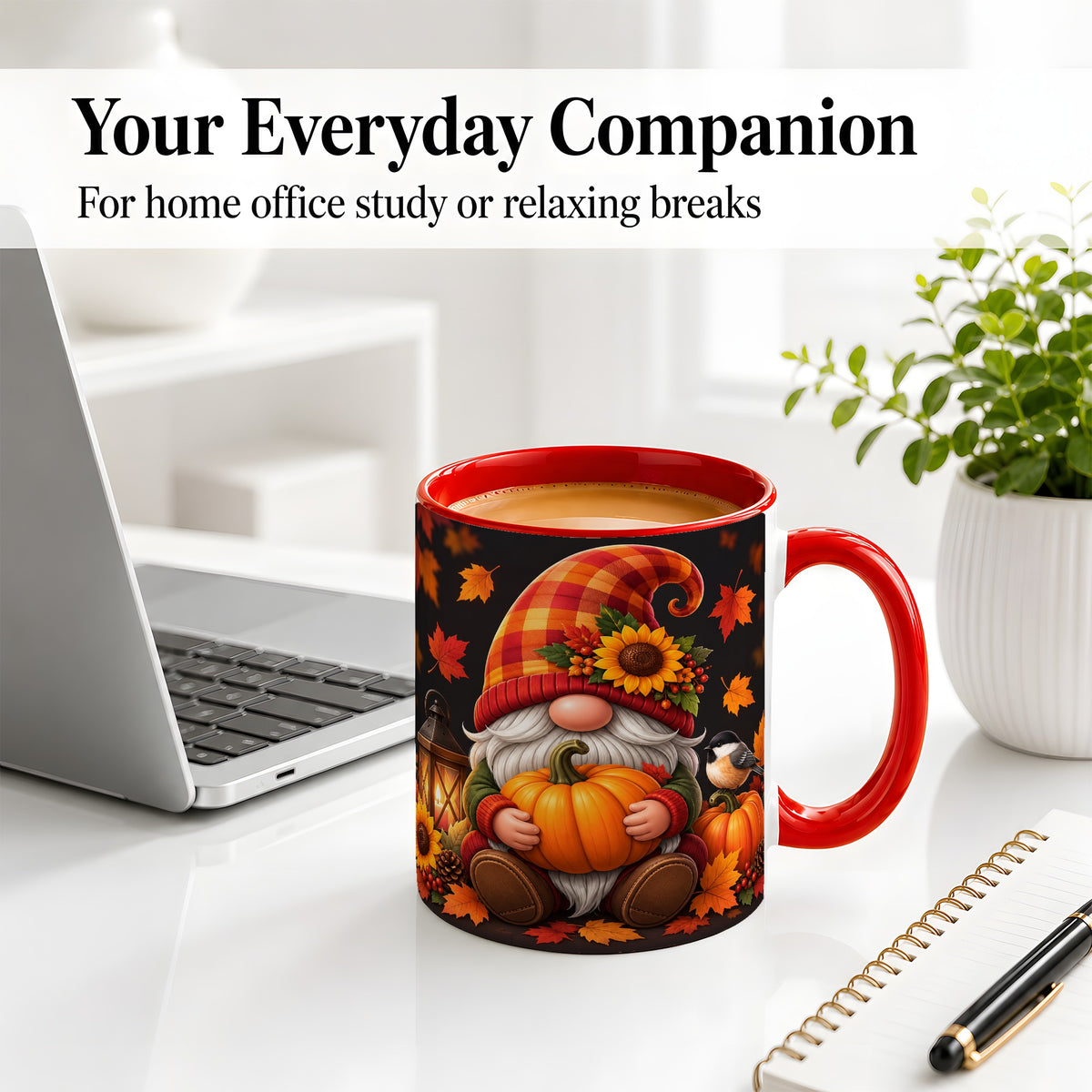 #pl[11oz|Red] Autumn Gnome Pumpkin Ceramic Mug with Sunflower and Lantern