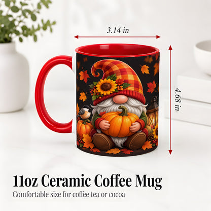 #pl[11oz|Red] Autumn Gnome Pumpkin Ceramic Mug with Sunflower and Lantern