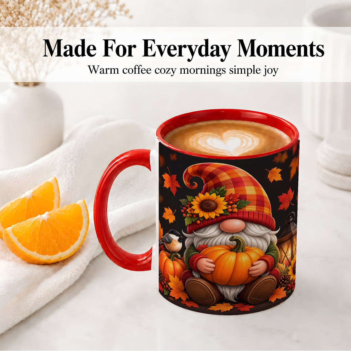#pl[11oz|Red] Autumn Gnome Pumpkin Ceramic Mug with Sunflower and Lantern