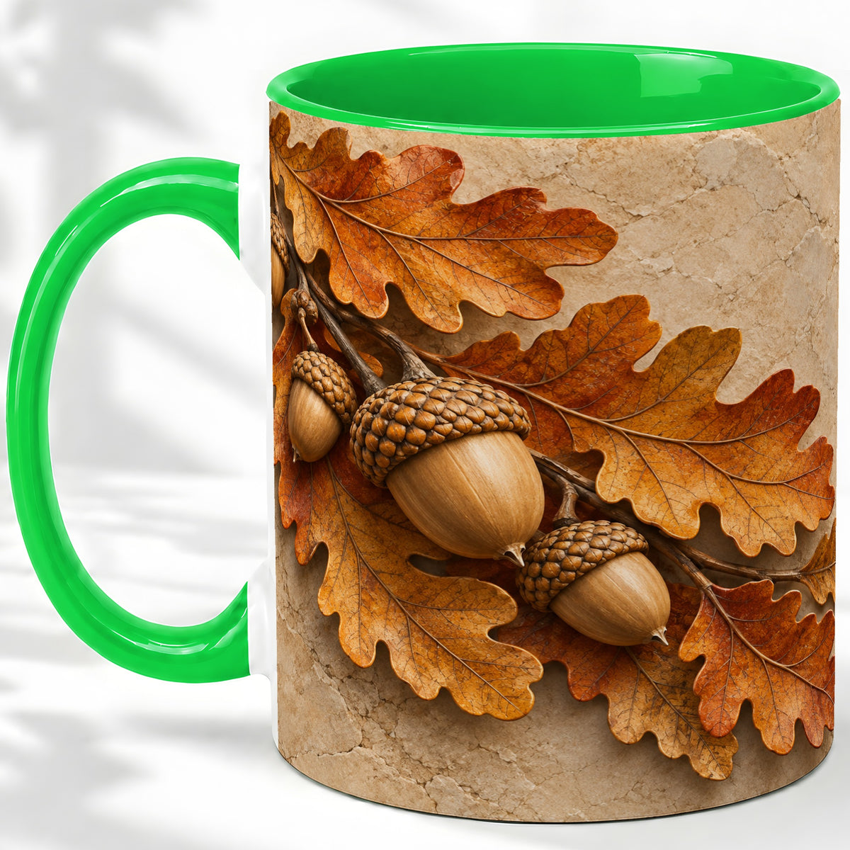 #pl[11oz|Green] Autumn Acorn Oak Leaf Ceramic Mug with Rustic Fall Artwork