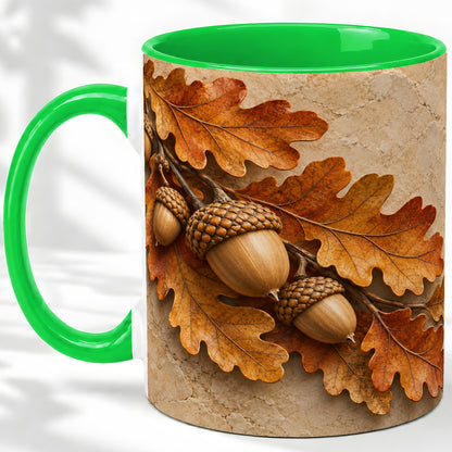 #pl[11oz|Green] Autumn Acorn Oak Leaf Ceramic Mug with Rustic Fall Artwork