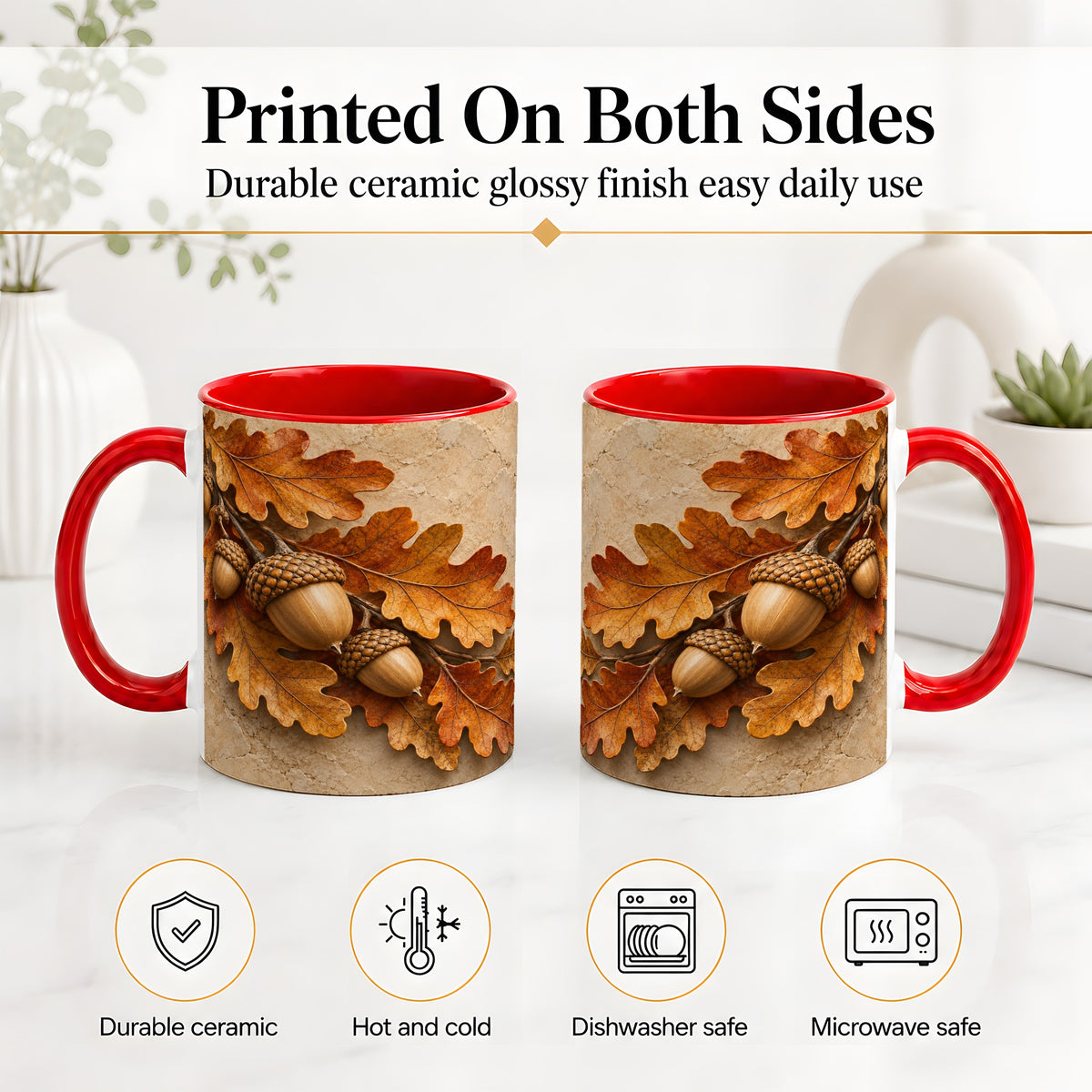 #pl[11oz|Red] Autumn Acorn Oak Leaf Ceramic Mug with Rustic Fall Artwork