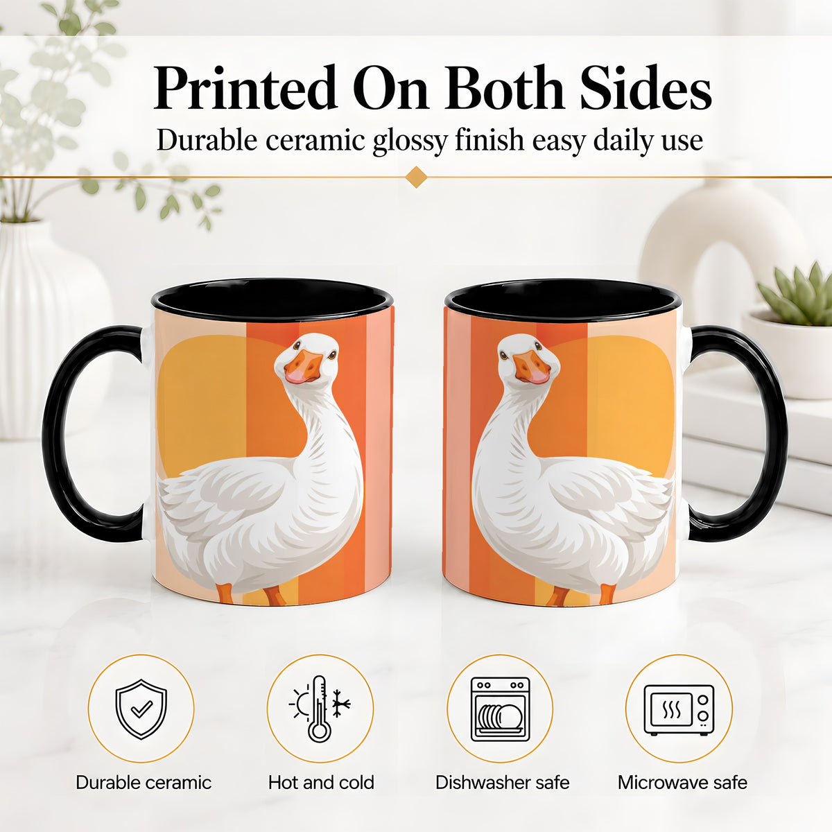 #pl[11oz|Black] Retro Goose Ceramic Mug with Orange Stripes and Sun Artwork