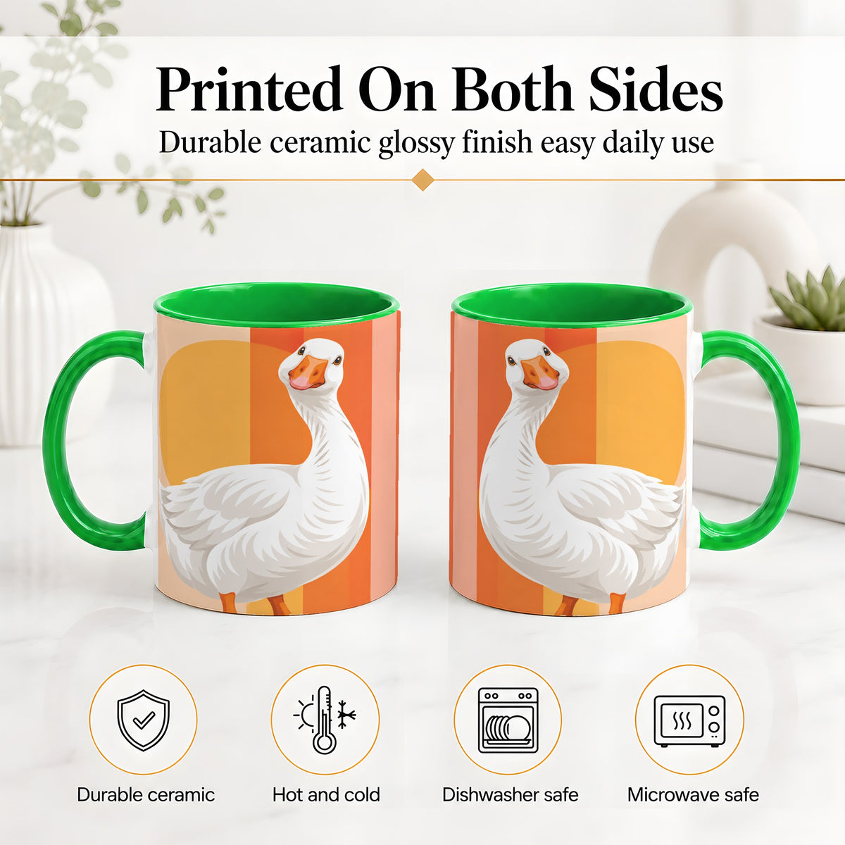 #pl[11oz|Green] Retro Goose Ceramic Mug with Orange Stripes and Sun Artwork