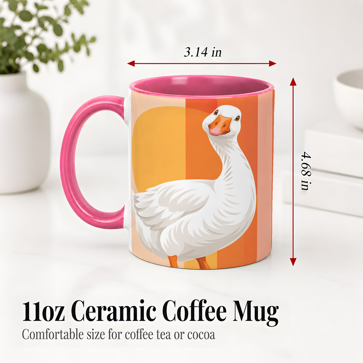 #pl[11oz|Pink] Retro Goose Ceramic Mug with Orange Stripes and Sun Artwork