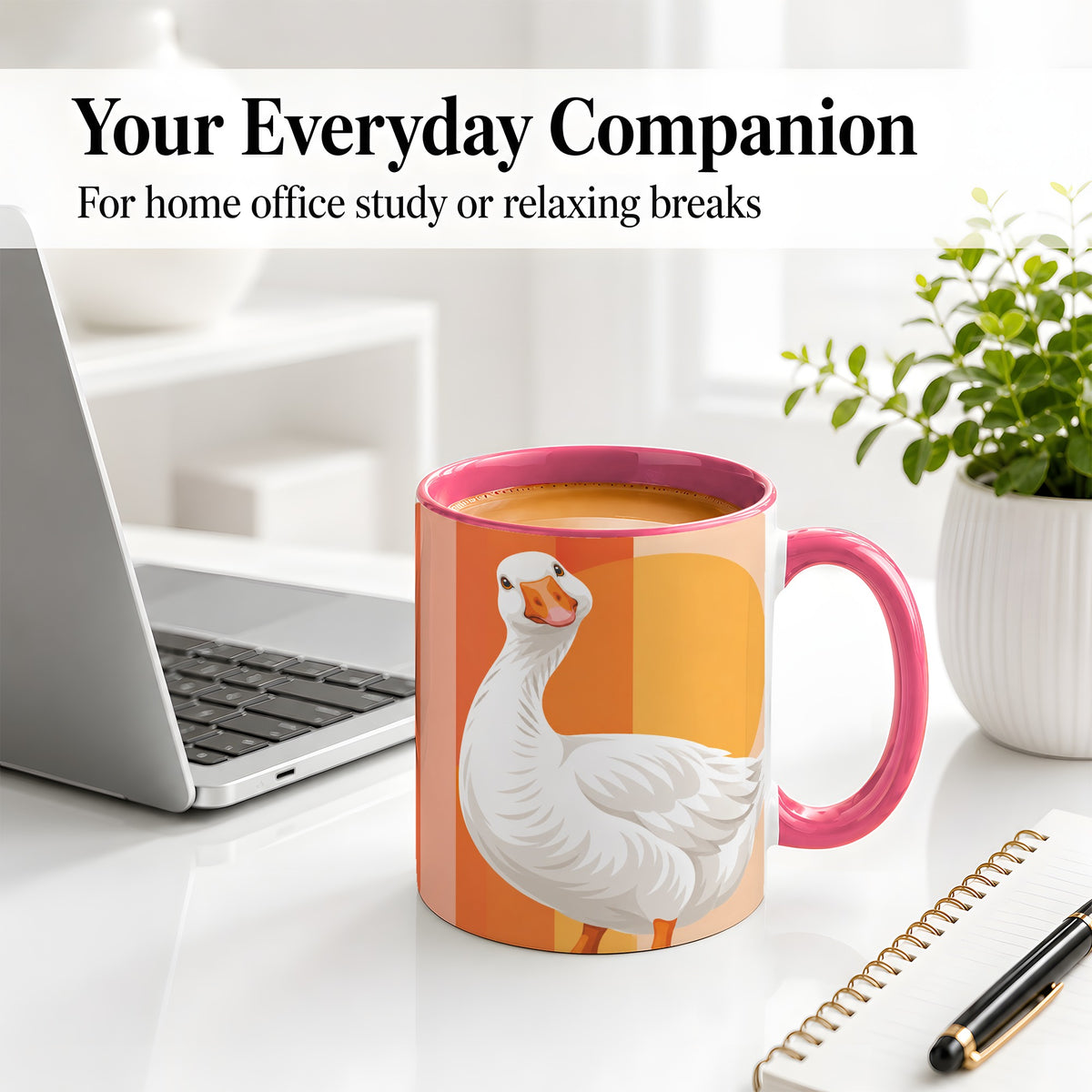 #pl[11oz|Pink] Retro Goose Ceramic Mug with Orange Stripes and Sun Artwork