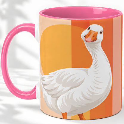 #pl[11oz|Pink] Retro Goose Ceramic Mug with Orange Stripes and Sun Artwork