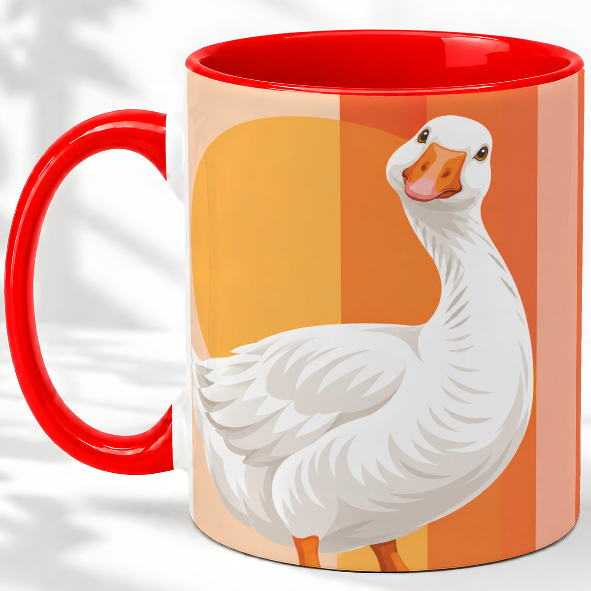 Retro Goose Ceramic Mug with Orange Stripes and Sun Artwork