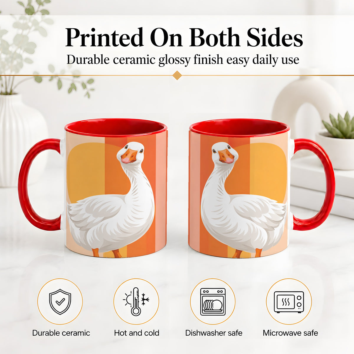 #pl[11oz|Red] Retro Goose Ceramic Mug with Orange Stripes and Sun Artwork
