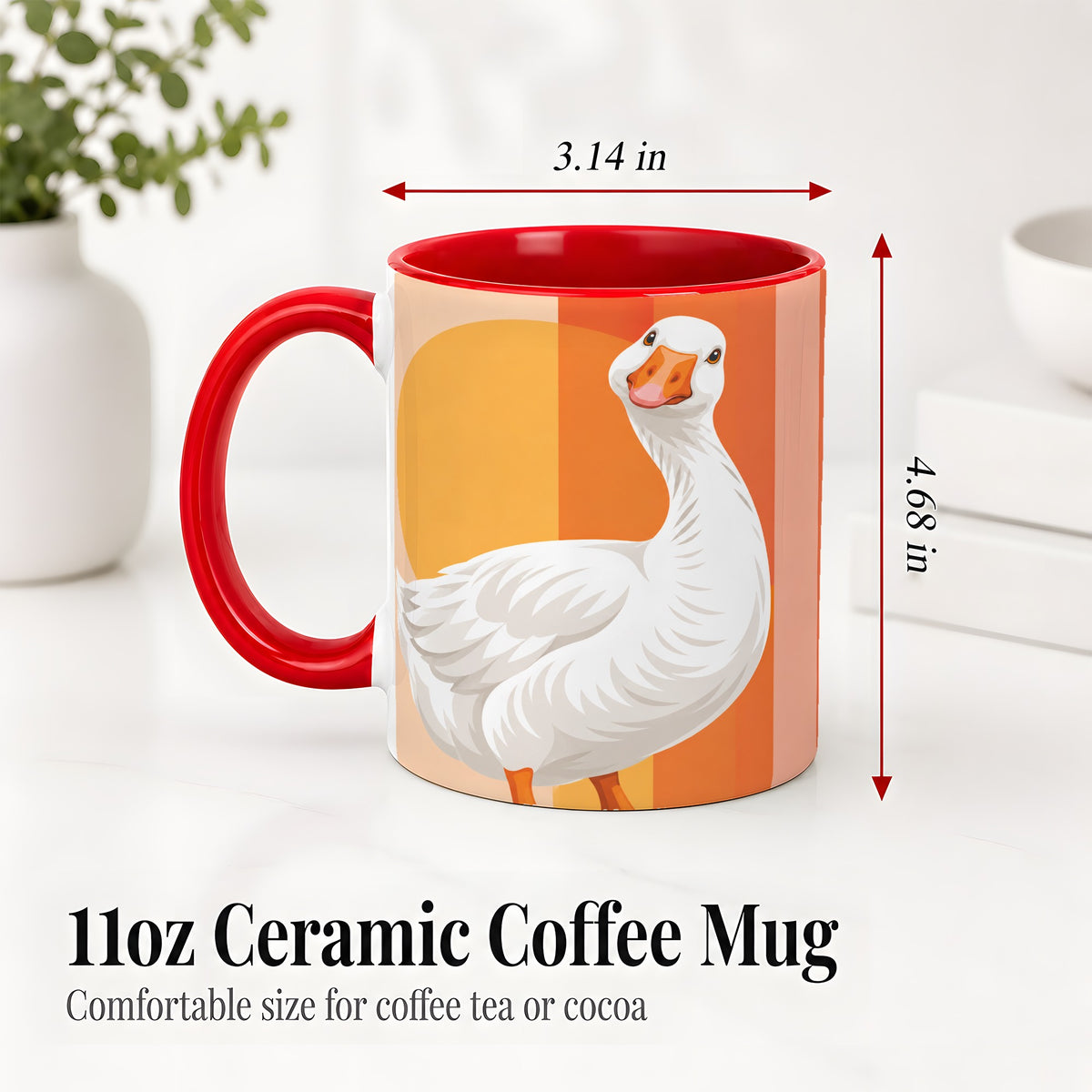 #pl[11oz|Red] Retro Goose Ceramic Mug with Orange Stripes and Sun Artwork