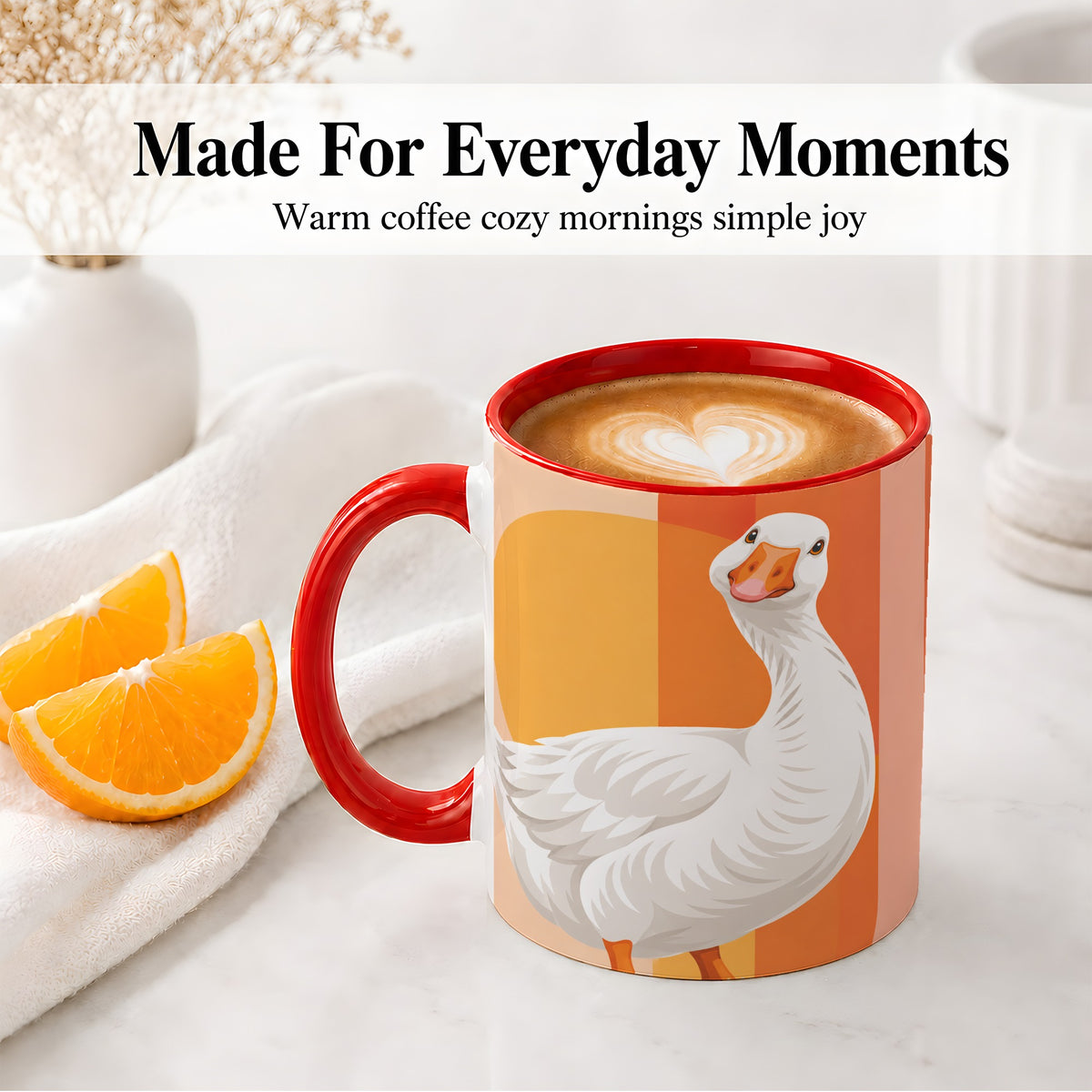 #pl[11oz|Red] Retro Goose Ceramic Mug with Orange Stripes and Sun Artwork
