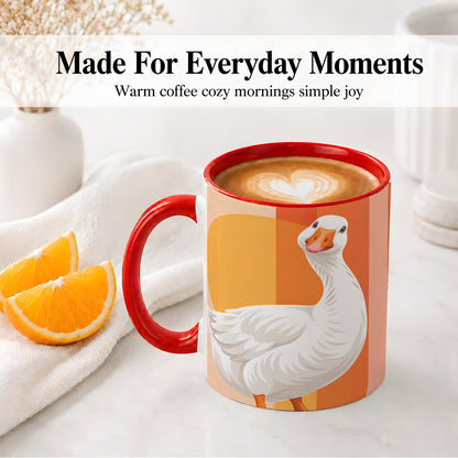 #pl[11oz|Red] Retro Goose Ceramic Mug with Orange Stripes and Sun Artwork