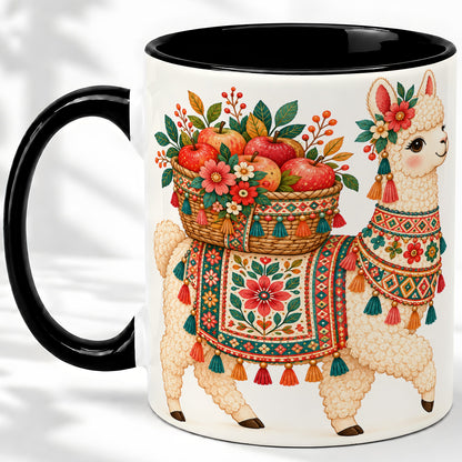 #pl[11oz|Black] Floral Llama Ceramic Mug with Apples and Folk Pattern Artwork