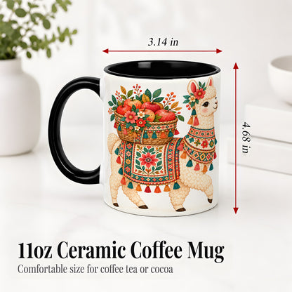 #pl[11oz|Black] Floral Llama Ceramic Mug with Apples and Folk Pattern Artwork