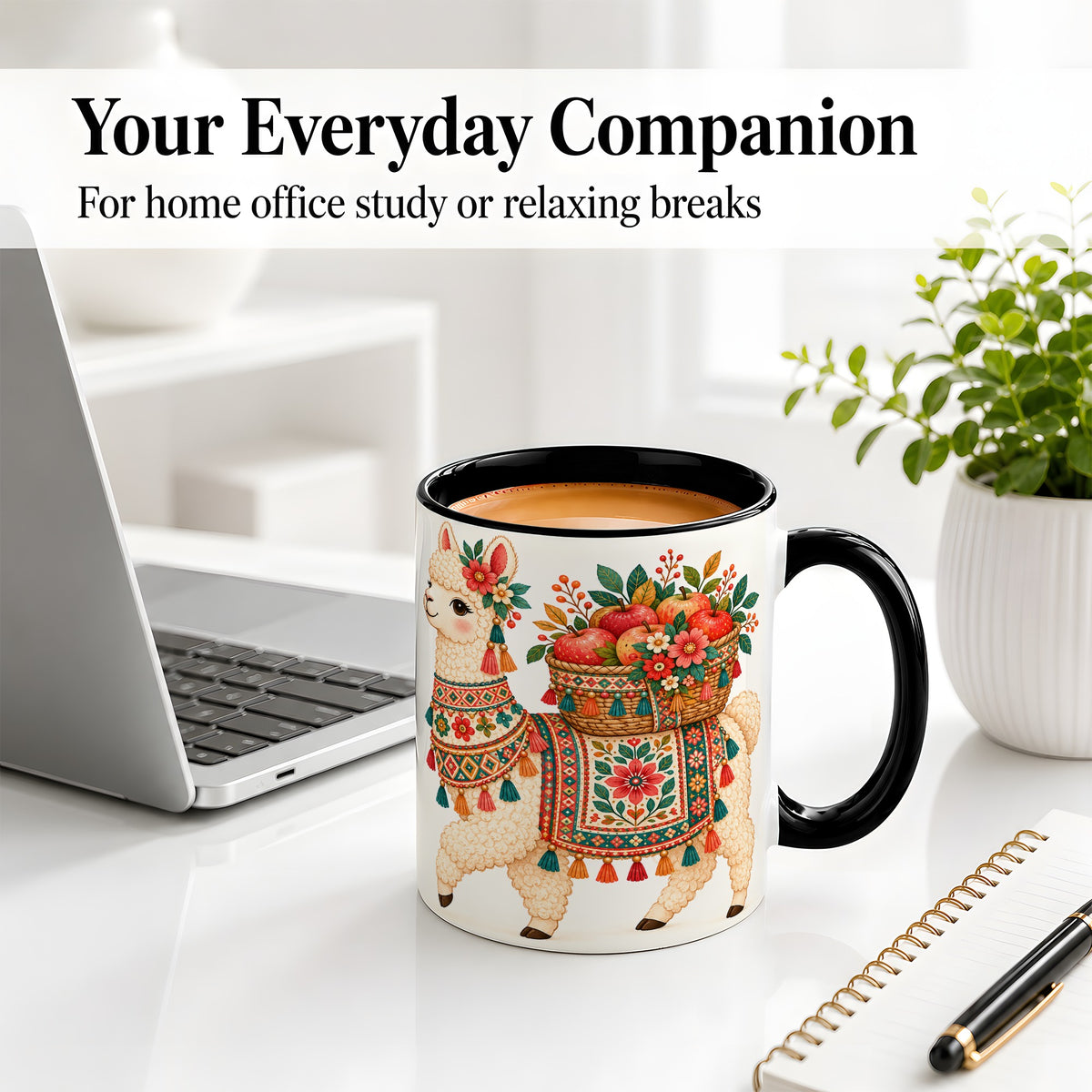 #pl[11oz|Black] Floral Llama Ceramic Mug with Apples and Folk Pattern Artwork