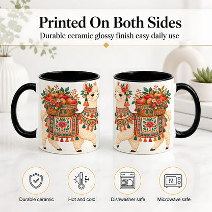 #pl[11oz|Black] Floral Llama Ceramic Mug with Apples and Folk Pattern Artwork