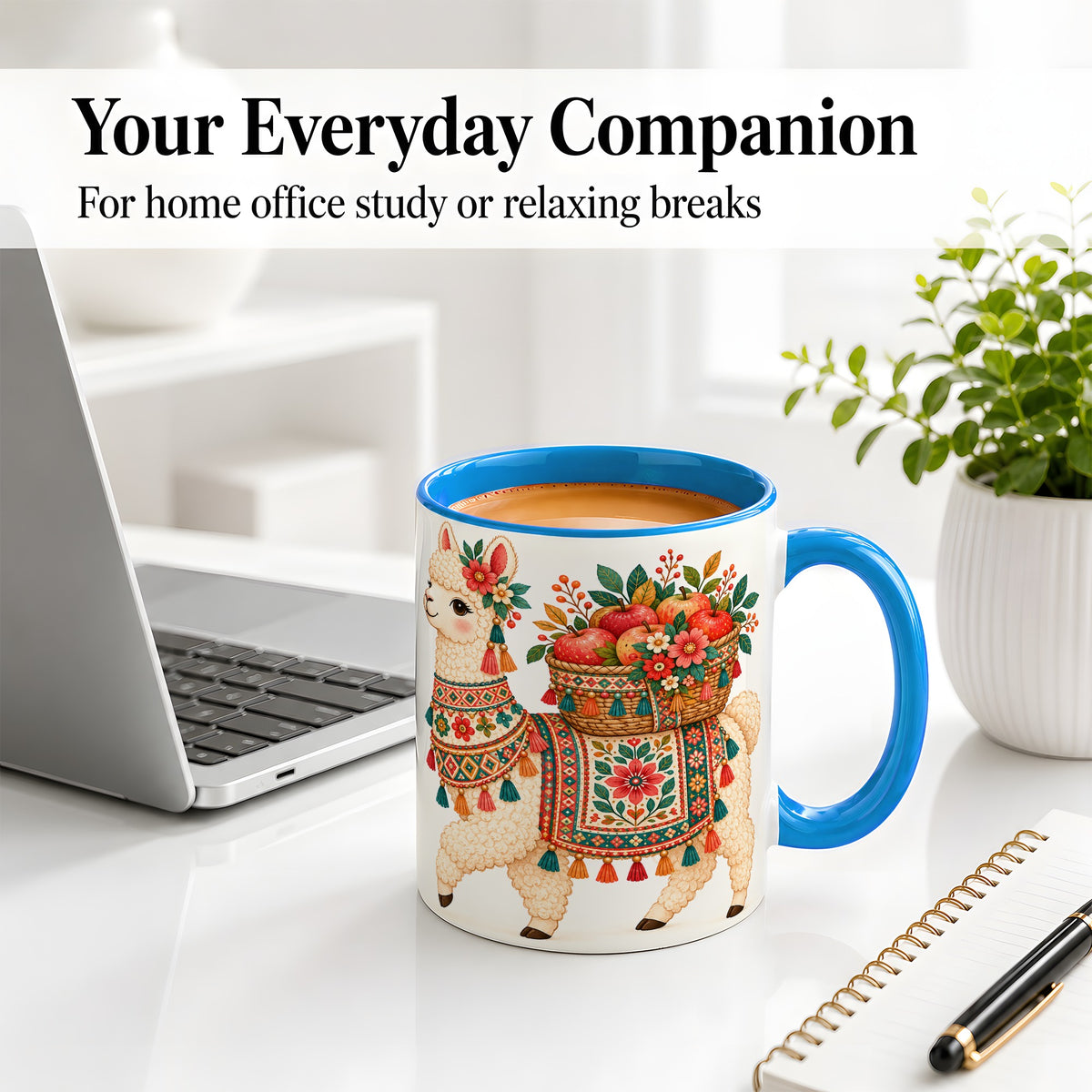 #pl[11oz|Blue] Floral Llama Ceramic Mug with Apples and Folk Pattern Artwork