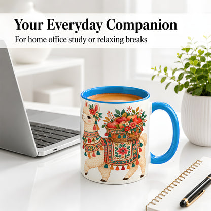 #pl[11oz|Blue] Floral Llama Ceramic Mug with Apples and Folk Pattern Artwork
