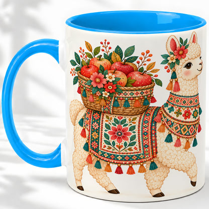 #pl[11oz|Blue] Floral Llama Ceramic Mug with Apples and Folk Pattern Artwork