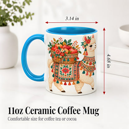 #pl[11oz|Blue] Floral Llama Ceramic Mug with Apples and Folk Pattern Artwork